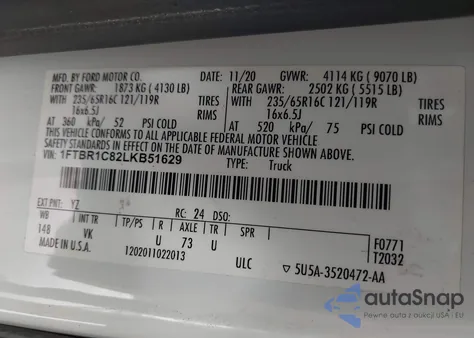 2020 Ford Transit-250 from USA, damaged, VIN 1FTBR1C82LKB51629